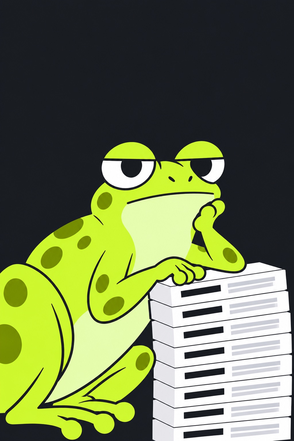Mort, a lime green frog, leans on a stack of weekly reports and waits.